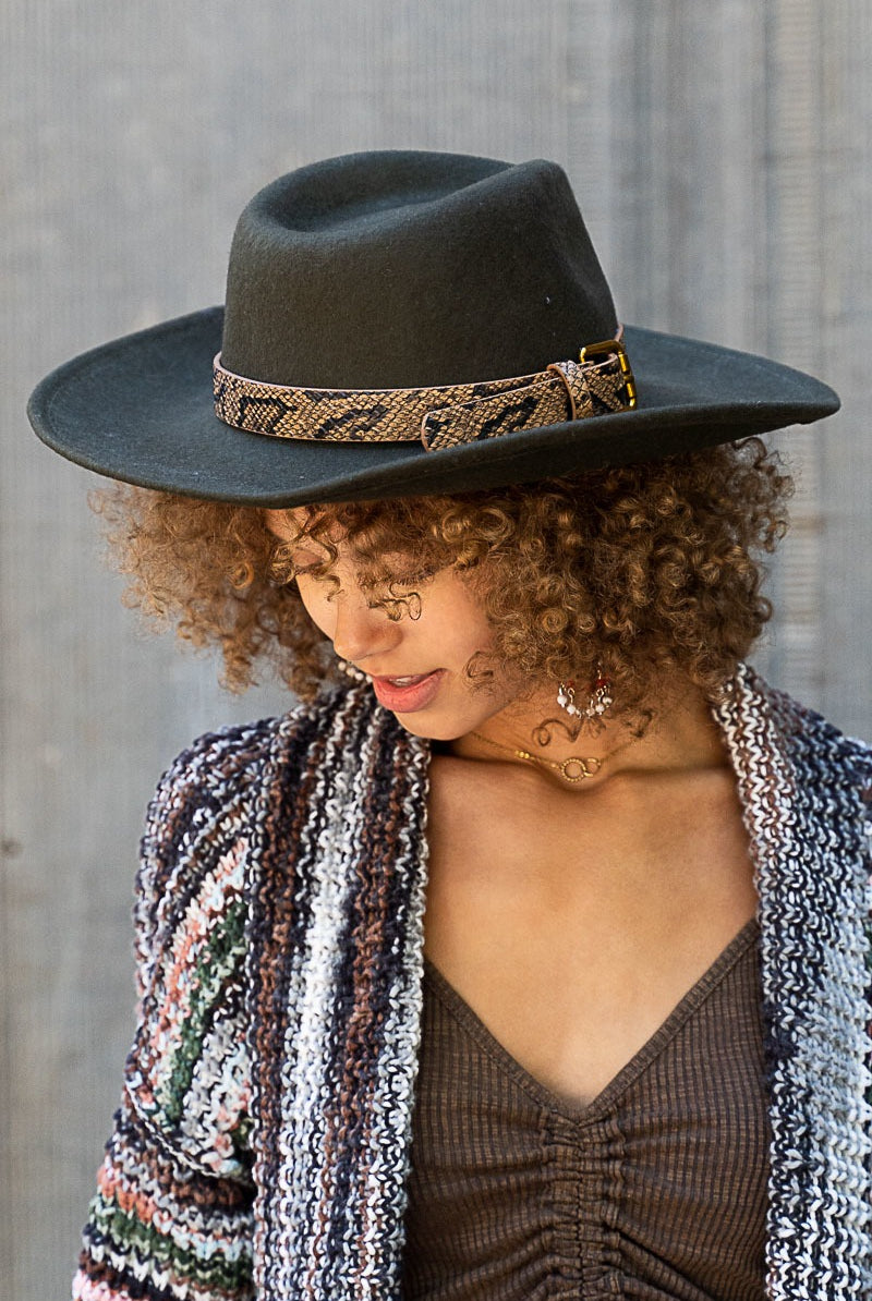 Wide Brim Snake Print Belt Wool Fedora Hat - POL - RARA Boutique