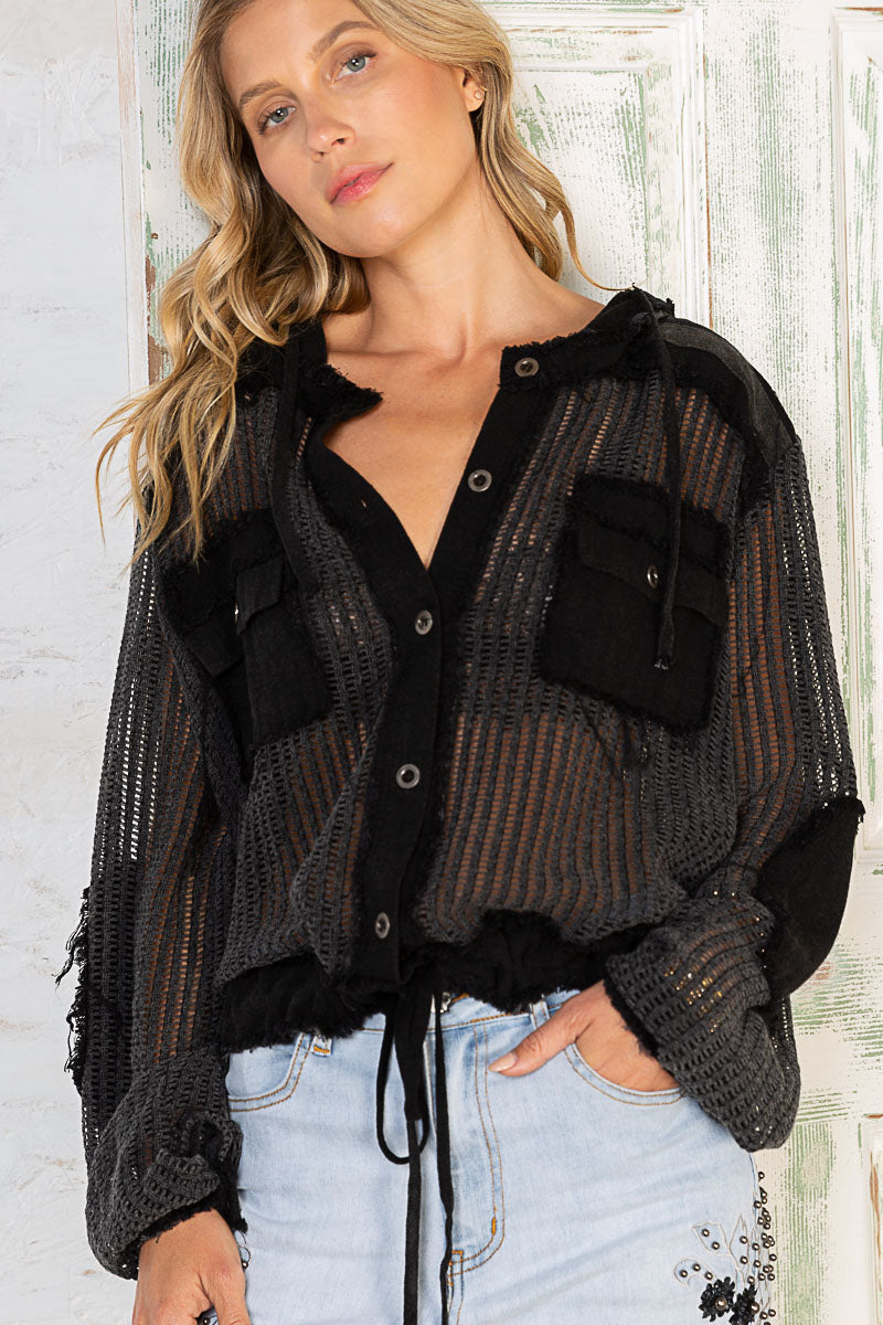 Open Knit Contrast Hooded Shacket with Frayed Edges - POL - RARA Boutique