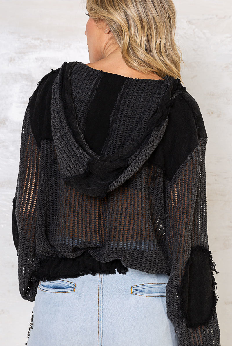 Open Knit Contrast Hooded Shacket with Frayed Edges - POL - RARA Boutique