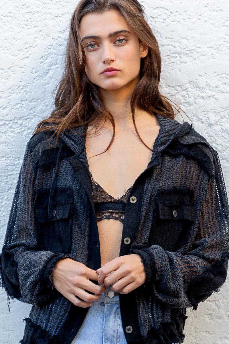Open Knit Contrast Hooded Shacket with Frayed Edges - POL - RARA Boutique