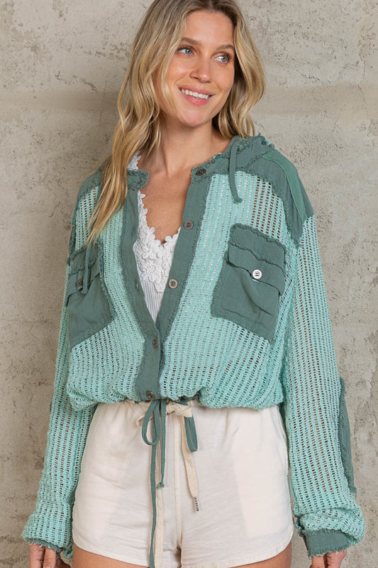 Open Knit Contrast Hooded Shacket with Frayed Edges - POL - RARA Boutique