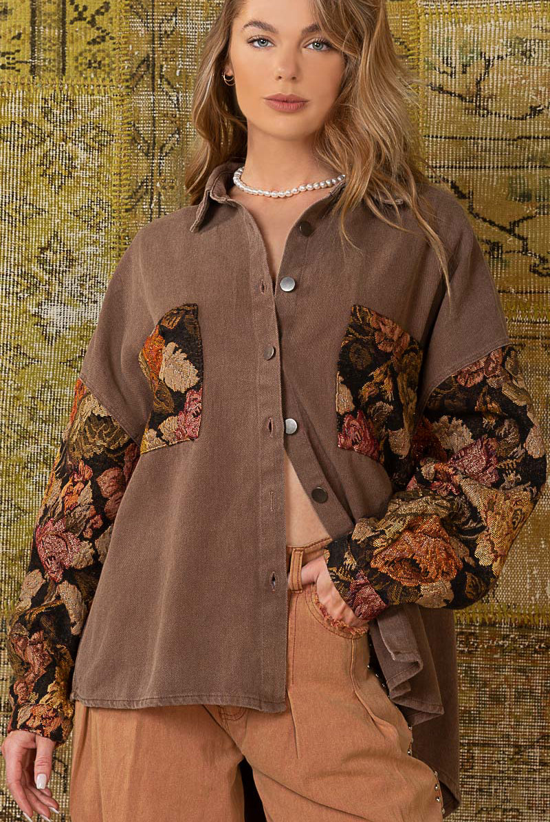 Floral Contrast Jacquard Sleeve Shacket - POL - RARA Boutique