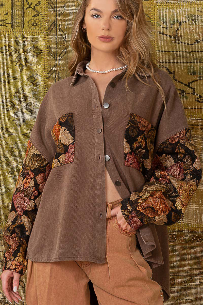 Floral Contrast Jacquard Sleeve Shacket - POL - RARA Boutique
