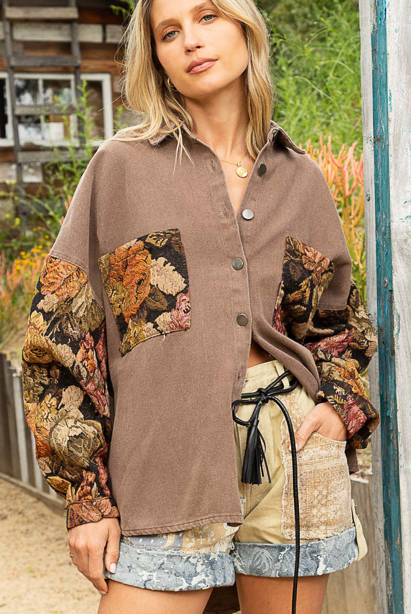 Floral Contrast Jacquard Sleeve Shacket - POL - RARA Boutique