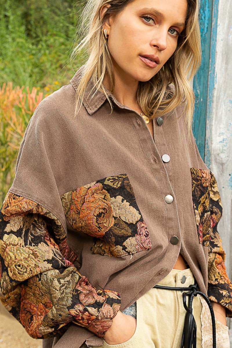 Floral Contrast Jacquard Sleeve Shacket - POL - RARA Boutique