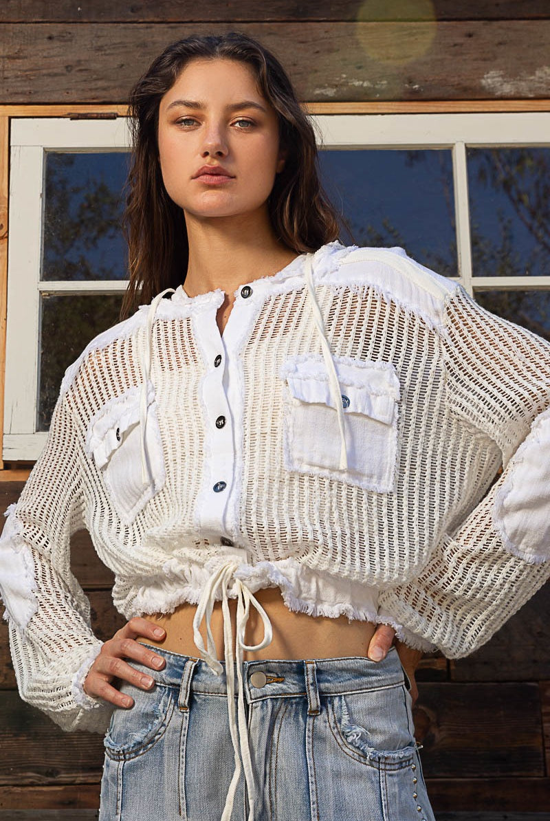 Open Knit Contrast Hooded Shacket with Frayed Edges - POL - RARA Boutique