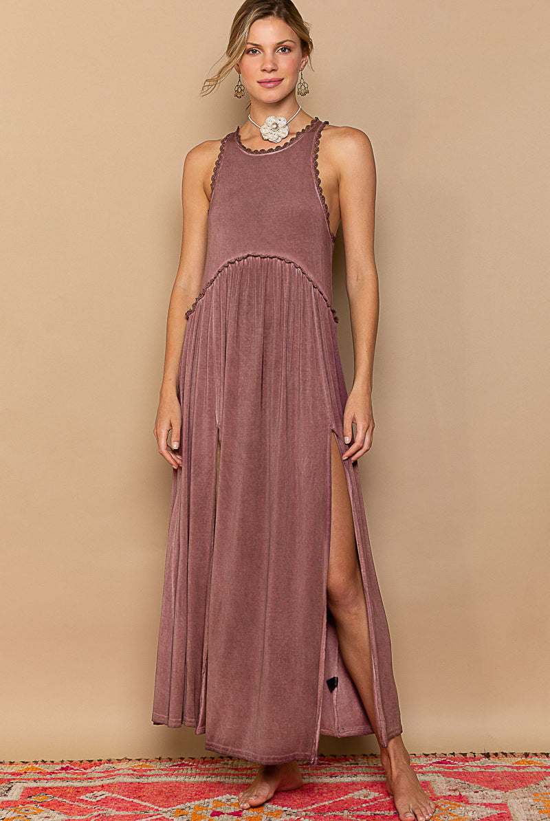 RARA Boutique baby doll side slit cut out maxi dress in soft fabric, featuring a flowy silhouette and stylish design.