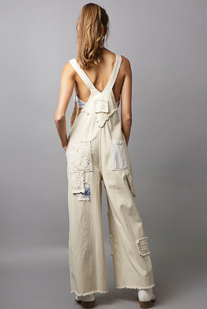 Lace Patchwork Wide Leg Denim Overalls - Pol - RARA Boutique