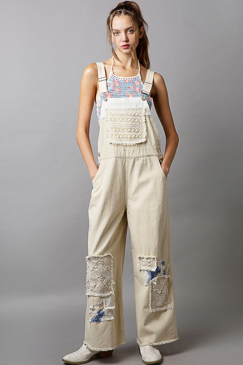 Lace Patchwork Wide Leg Denim Overalls - Pol - RARA Boutique