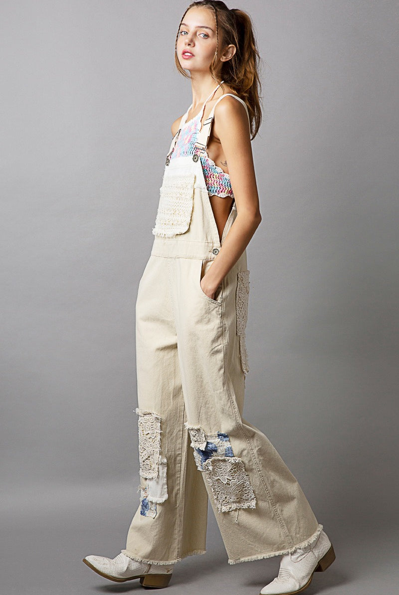 Lace Patchwork Wide Leg Denim Overalls - Pol - RARA Boutique
