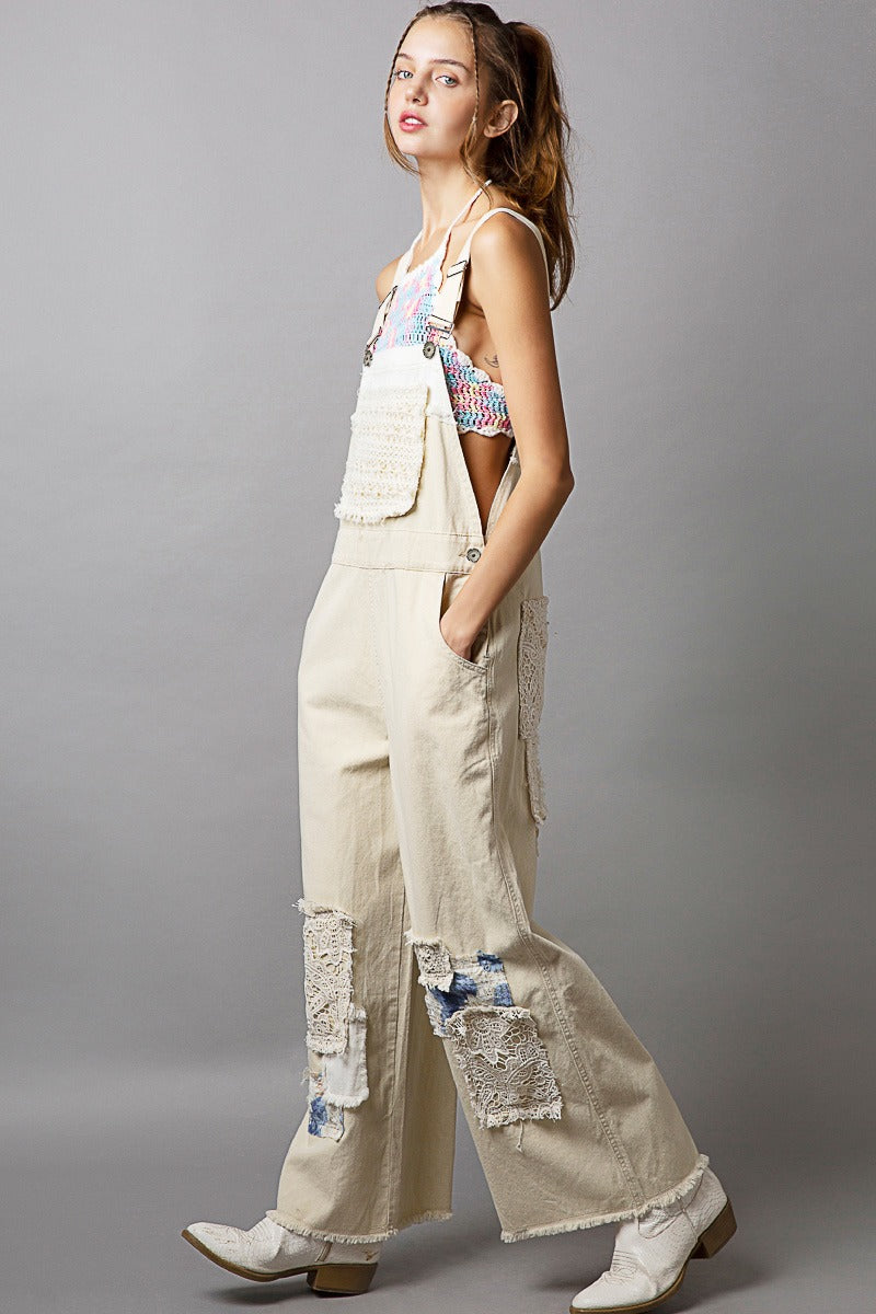 Lace Patchwork Wide Leg Denim Overalls - Pol - RARA Boutique