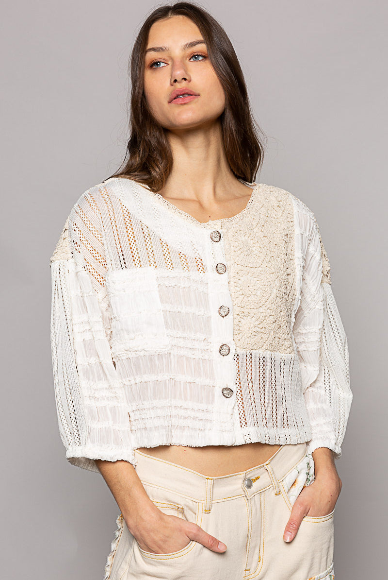 Chiffon & Crochet Woven Balloon Sleeve Top - POL - RARA Boutique