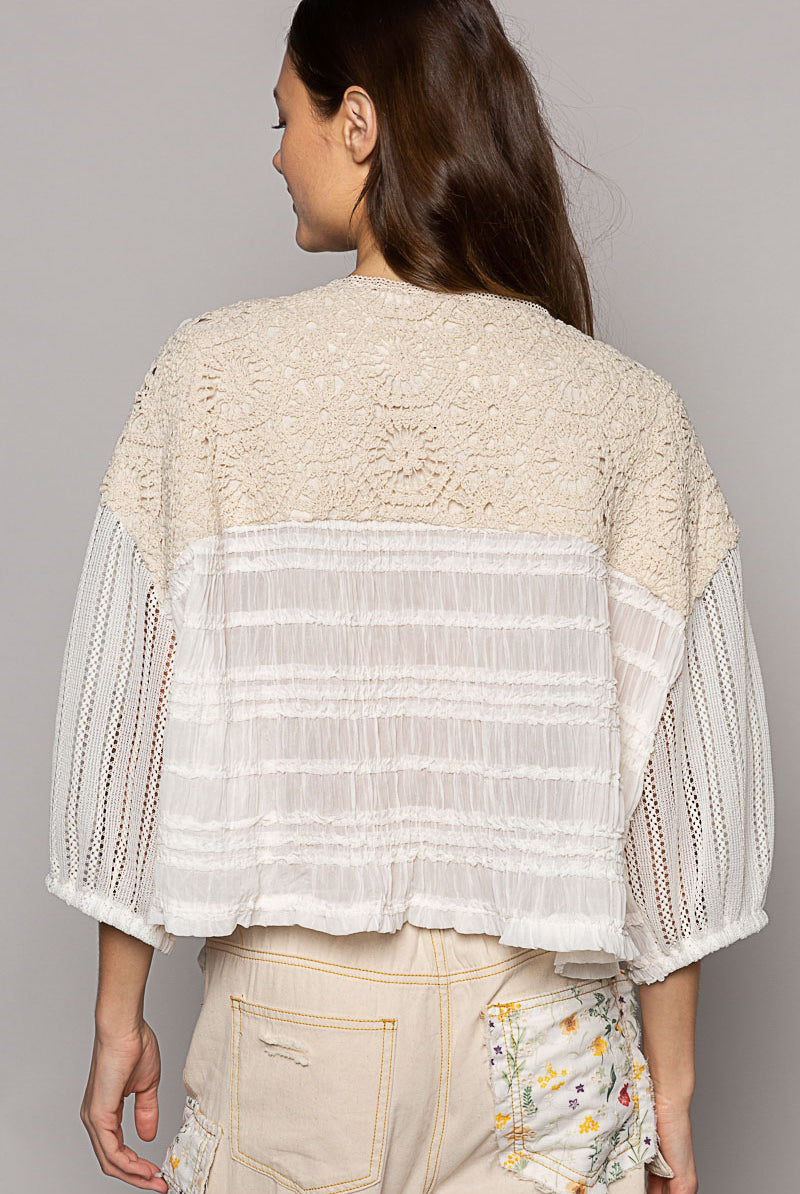 Chiffon & Crochet Woven Balloon Sleeve Top - POL - RARA Boutique