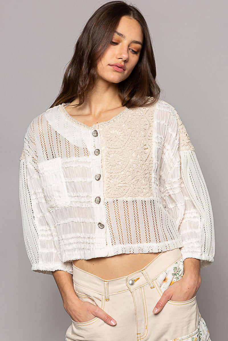 Chiffon & Crochet Woven Balloon Sleeve Top - POL - RARA Boutique