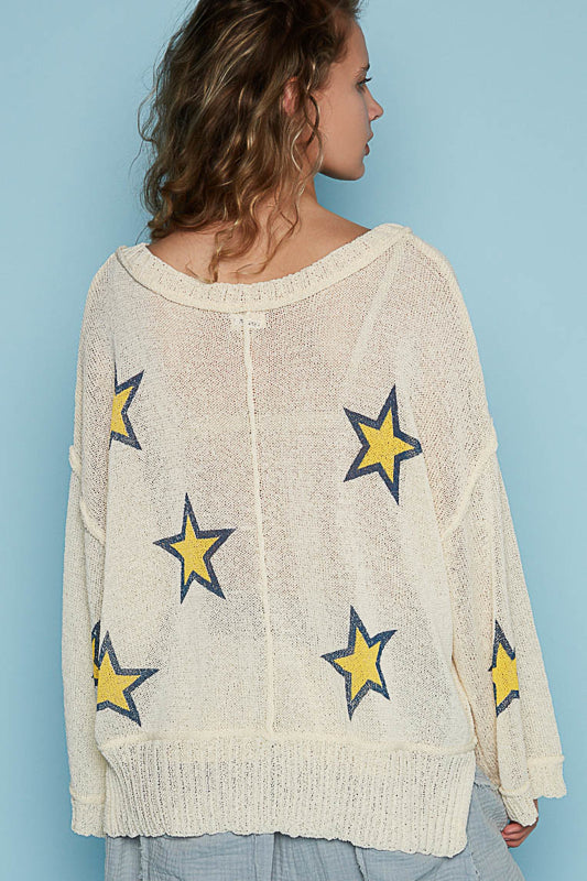 Lightweight V-Neck Star Print Sweater - POL - RARA Boutique