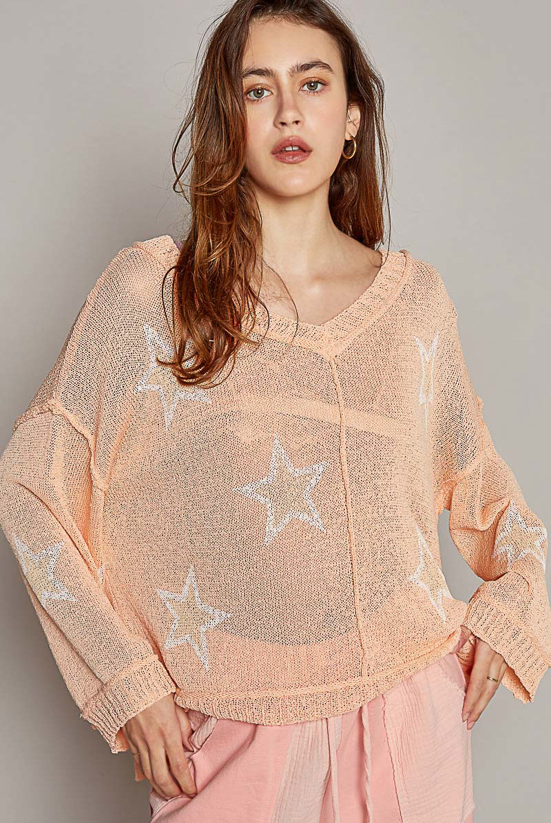 Lightweight V-Neck Star Print Sweater - POL - RARA Boutique