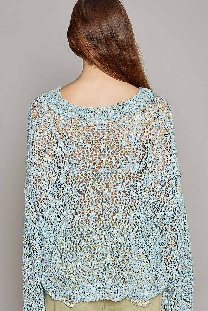 Ribbed Hem V-Neck Wide Sleeve Crochet Sweater - POL - RARA Boutique