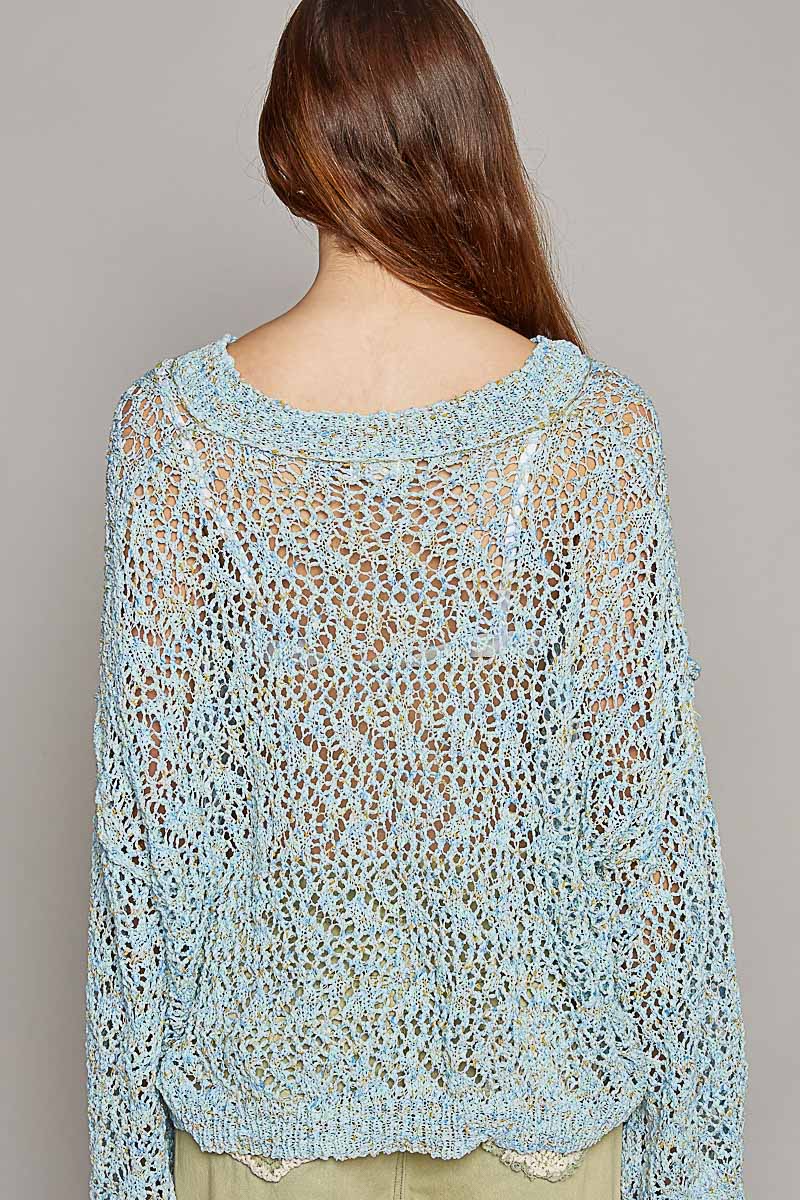 Ribbed Hem V-Neck Wide Sleeve Crochet Sweater - POL - RARA Boutique