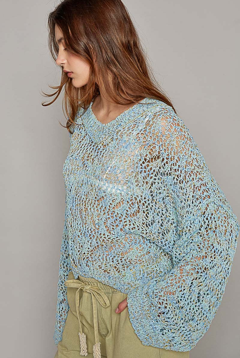 Ribbed Hem V-Neck Wide Sleeve Crochet Sweater - POL - RARA Boutique