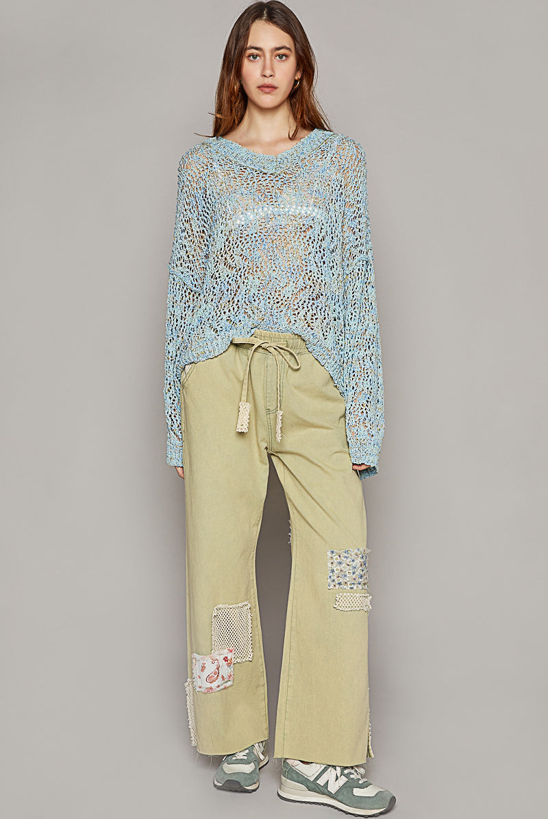 Ribbed Hem V-Neck Wide Sleeve Crochet Sweater - POL - RARA Boutique