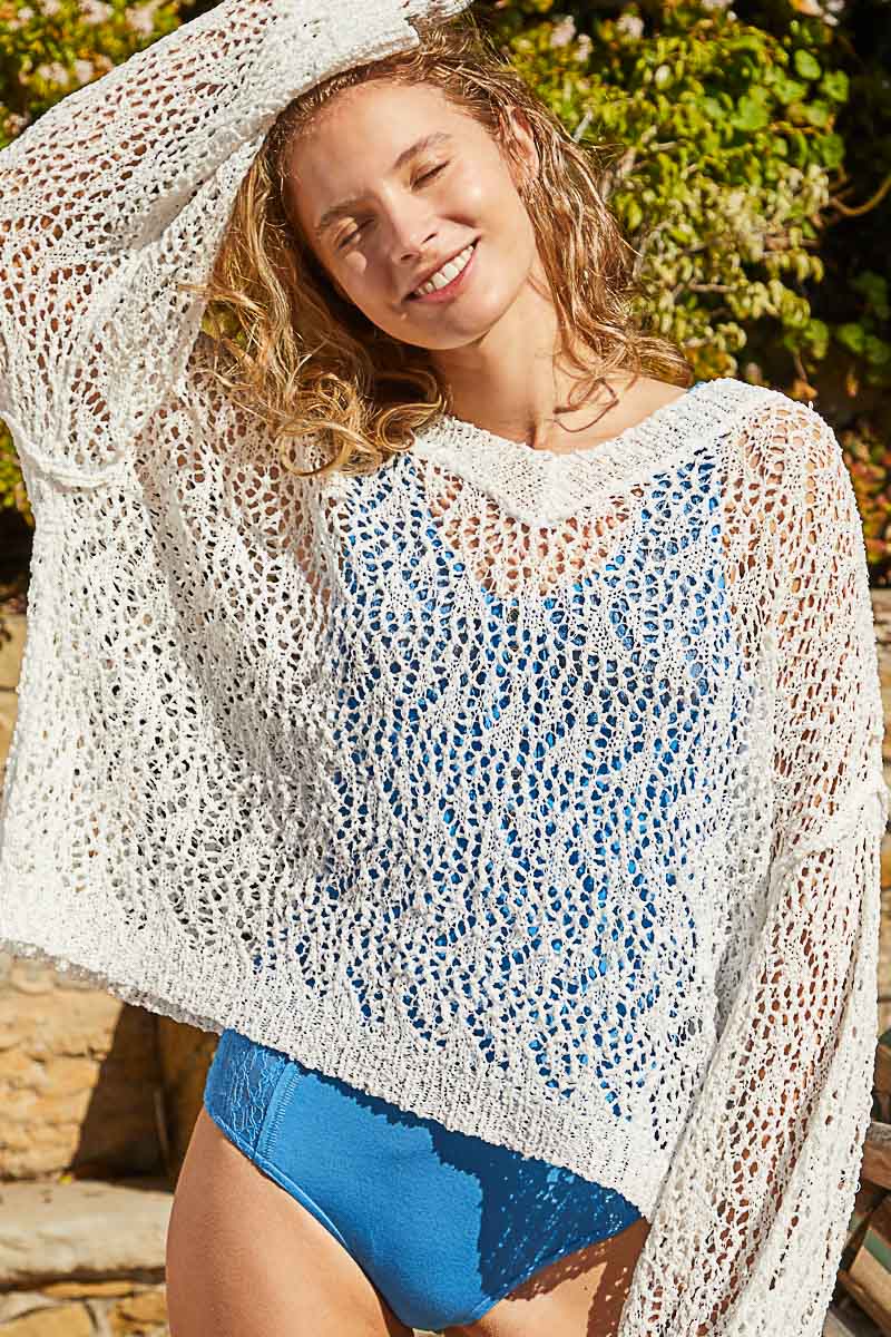 Ribbed Hem V-Neck Wide Sleeve Crochet Sweater - POL - RARA Boutique