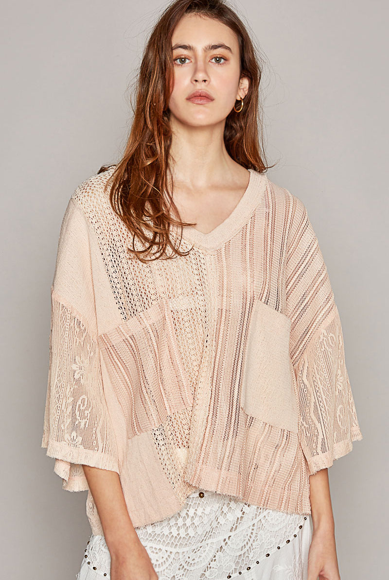 Lace Sleeve Crochet V-Neck Top with Pockets - POL - RARA Boutique