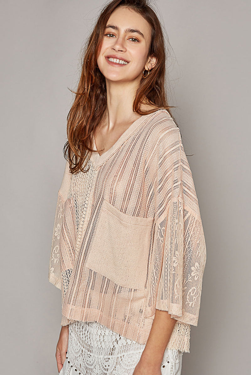 Lace Sleeve Crochet V-Neck Top with Pockets - POL - RARA Boutique