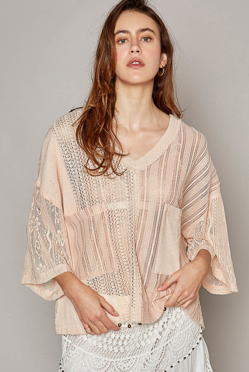 Lace Sleeve Crochet V-Neck Top with Pockets - POL - RARA Boutique