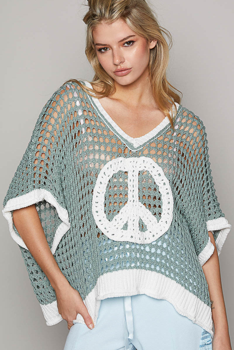 Open Crochet Oversized Peace Sign Sweater - POL - RARA Boutique