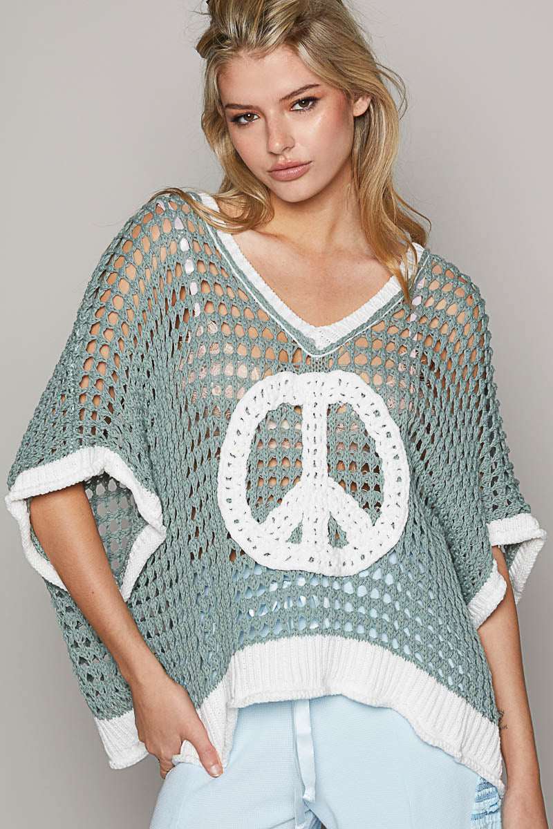Open Crochet Oversized Peace Sign Sweater - POL - RARA Boutique