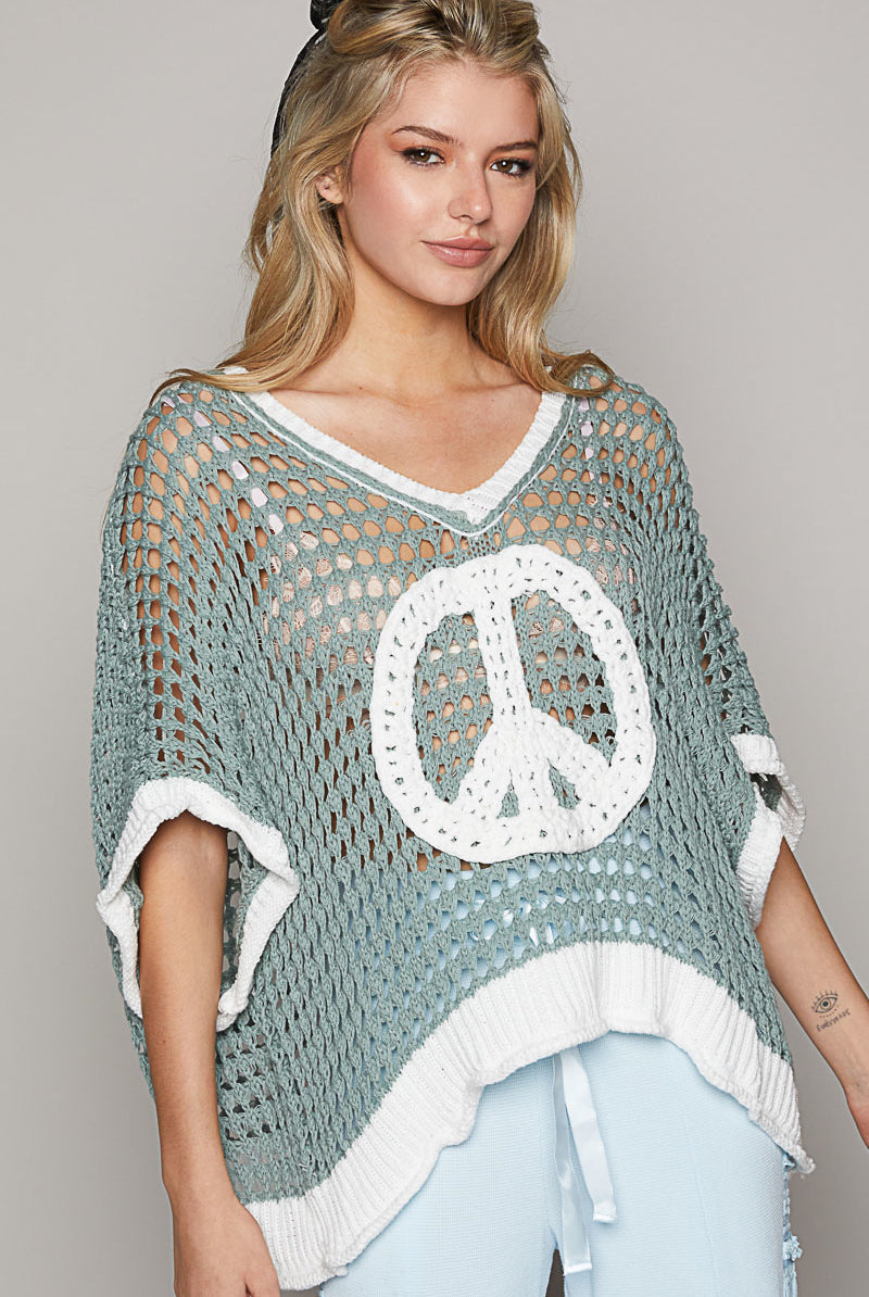 Open Crochet Oversized Peace Sign Sweater - POL - RARA Boutique