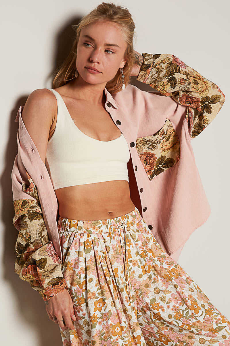 Floral Contrast Jacquard Sleeve Shacket - POL - RARA Boutique