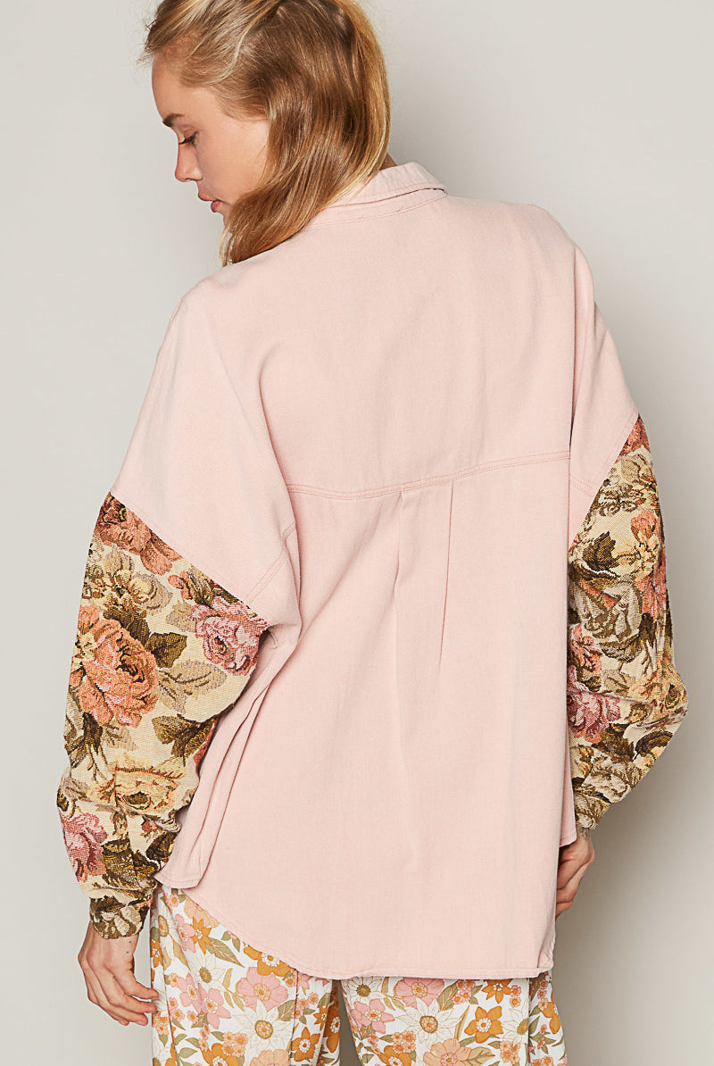 Floral Contrast Jacquard Sleeve Shacket - POL - RARA Boutique
