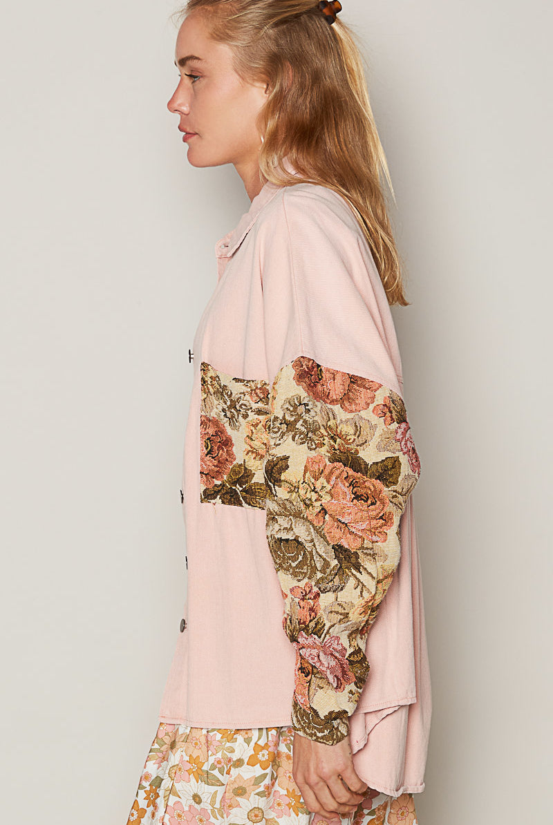 Floral Contrast Jacquard Sleeve Shacket - POL - RARA Boutique