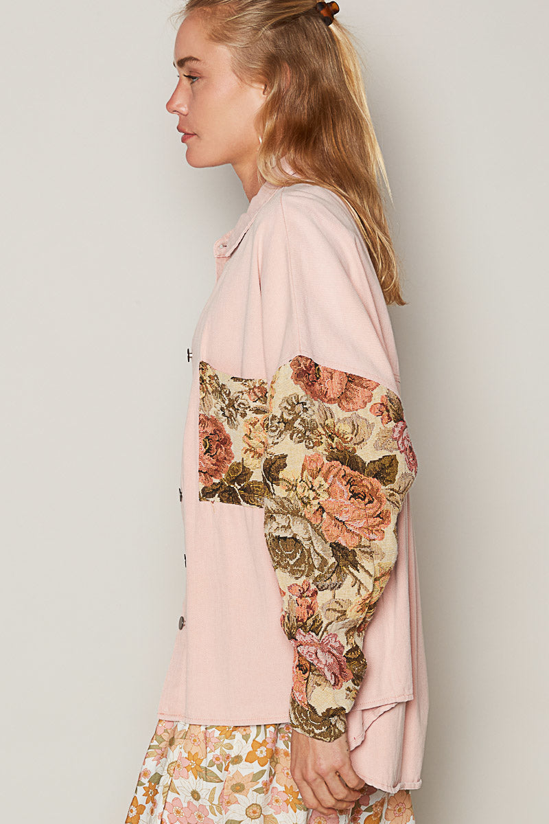 Floral Contrast Jacquard Sleeve Shacket - POL - RARA Boutique