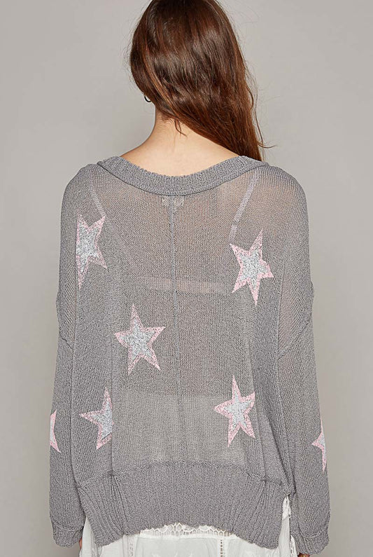 Lightweight V-Neck Star Print Sweater - POL - RARA Boutique