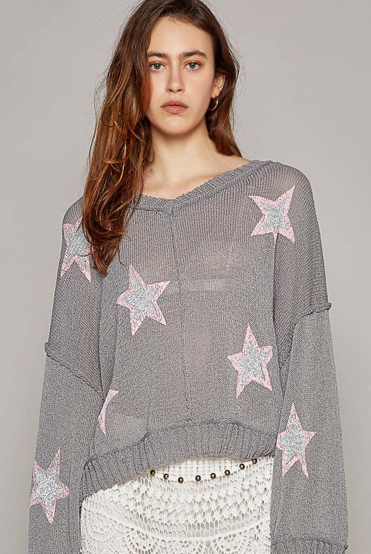 Lightweight V-Neck Star Print Sweater - POL - RARA Boutique