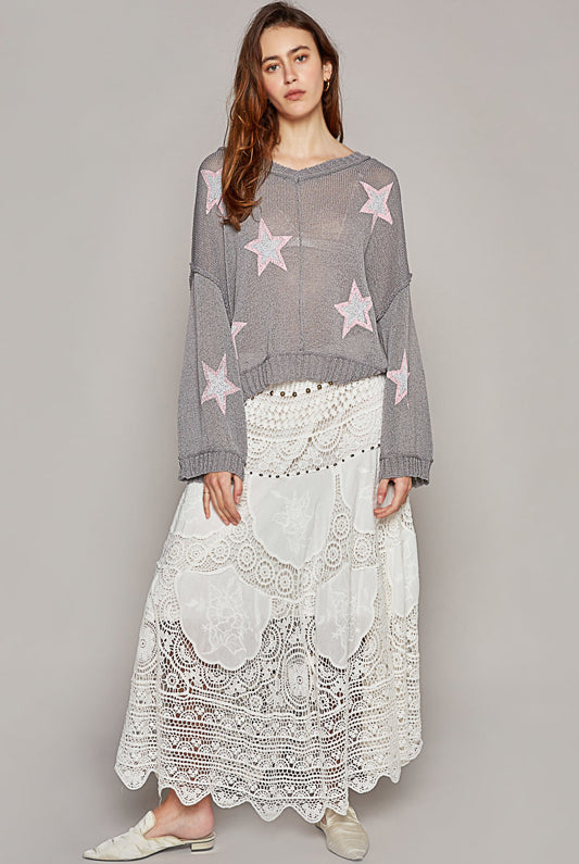 Lightweight V-Neck Star Print Sweater - POL - RARA Boutique