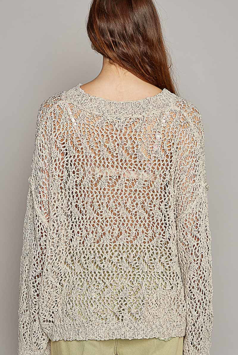 Ribbed Hem V-Neck Wide Sleeve Crochet Sweater - POL - RARA Boutique