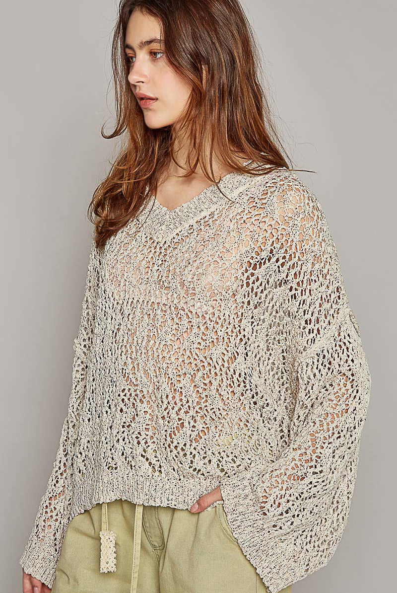 Ribbed Hem V-Neck Wide Sleeve Crochet Sweater - POL - RARA Boutique