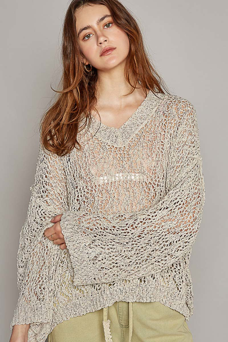 RARA Boutique ribbed hem V-neck crochet sweater with wide sleeves, featuring a stylish and cozy knit design.