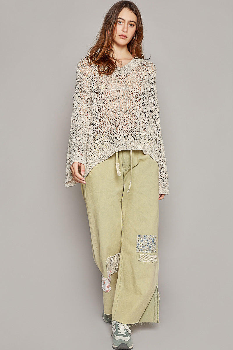 Ribbed Hem V-Neck Wide Sleeve Crochet Sweater - POL - RARA Boutique