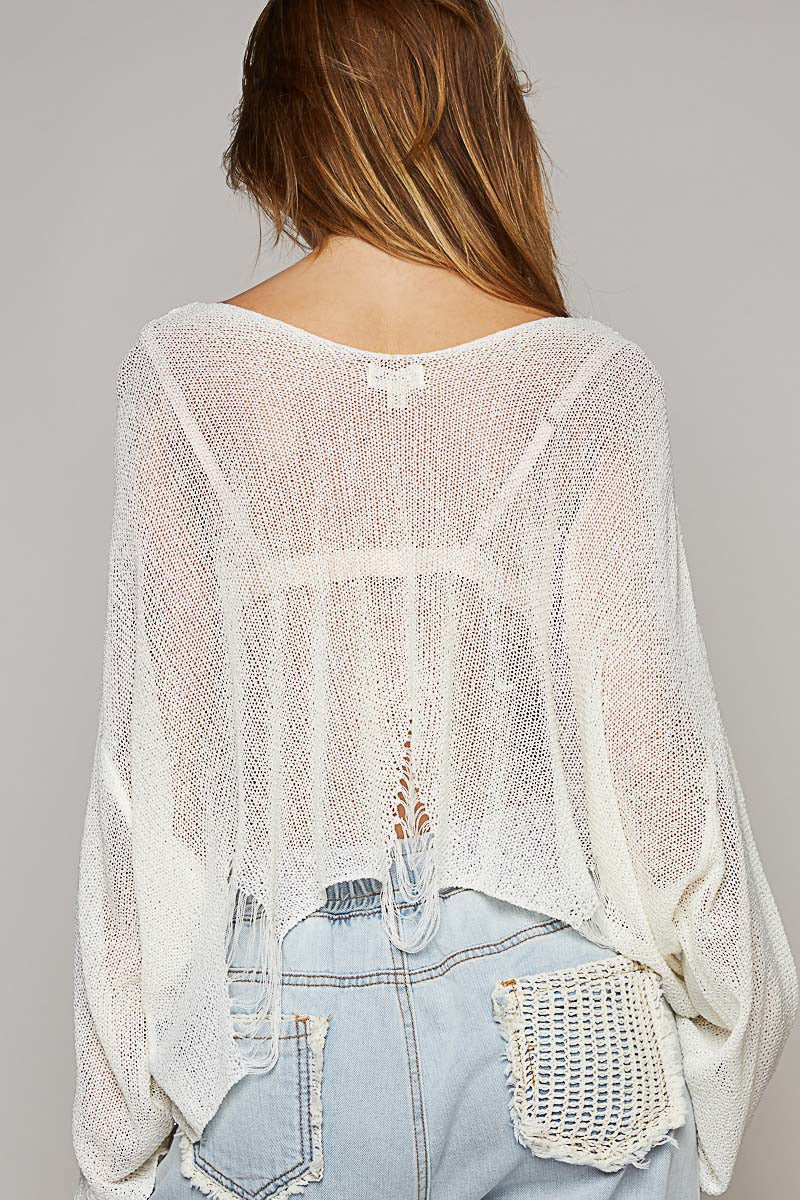 Long Sleeve Distressed Flower Print Knit Top - POL - RARA Boutique