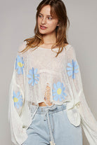 Long Sleeve Distressed Flower Print Knit Top - POL - RARA Boutique