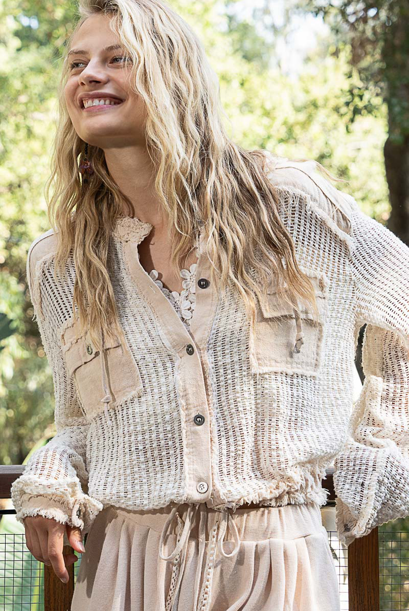 Open Knit Contrast Hooded Shacket with Frayed Edges - POL - RARA Boutique