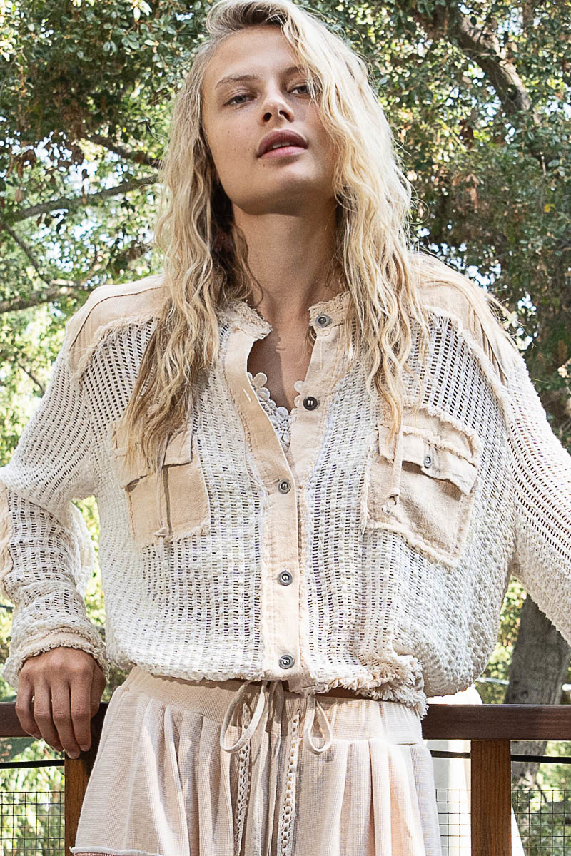 Open Knit Contrast Hooded Shacket with Frayed Edges - POL - RARA Boutique