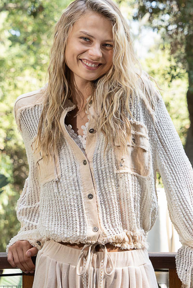 Open Knit Contrast Hooded Shacket with Frayed Edges - POL - RARA Boutique