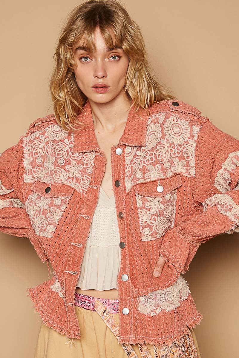 RARA Boutique lace ruffle raw hem twill shacket jacket with ruffled collar and textured fabric, stylish casual outerwear.
