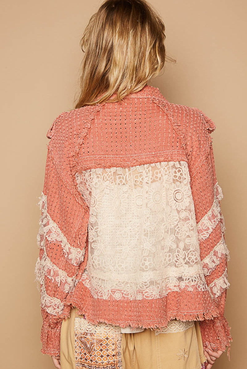 RARA Boutique lace ruffle raw hem twill shacket jacket with button closure and stylish design, perfect for casual wear.