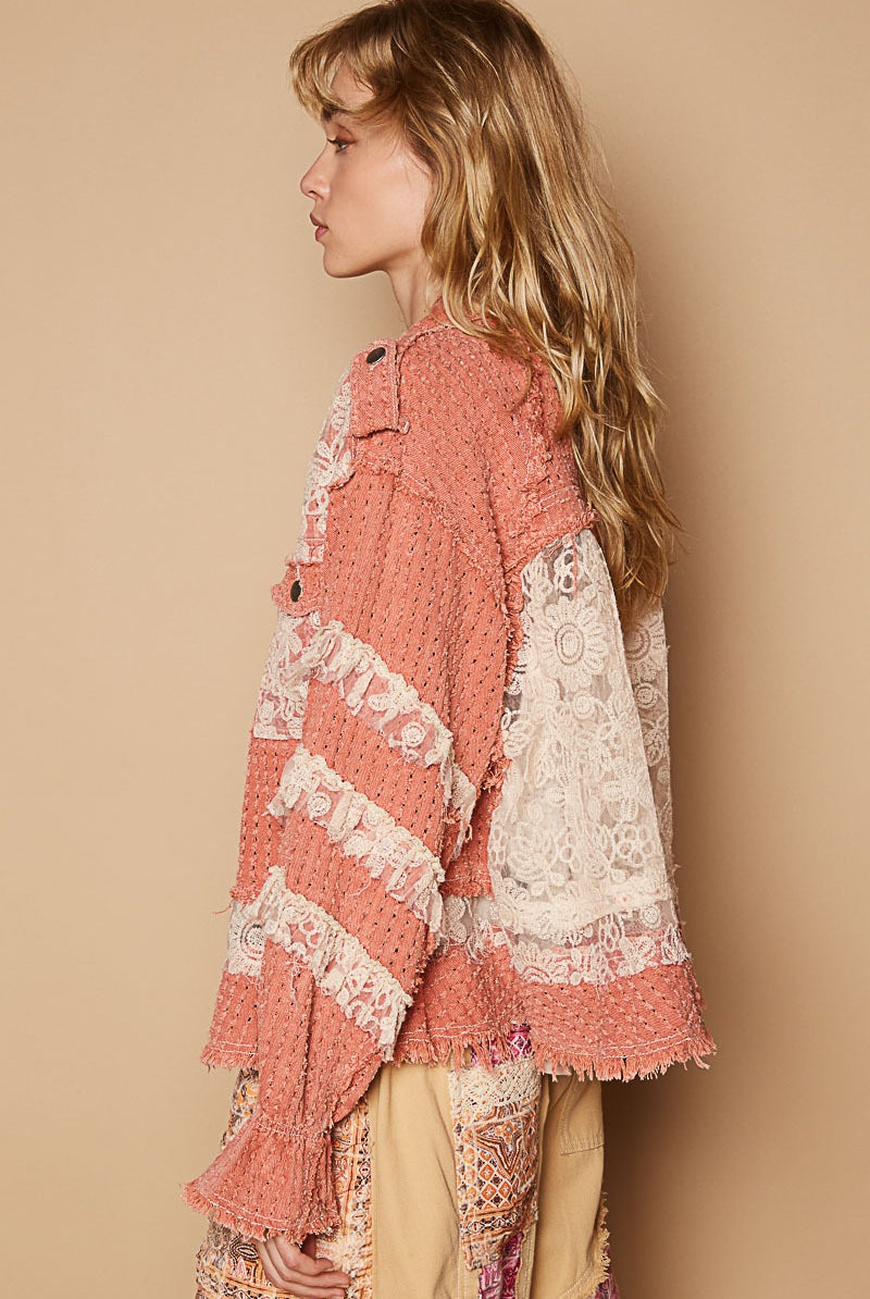 RARA Boutique lace ruffle raw hem twill shacket jacket with front pockets and button closure, stylish casual outerwear.